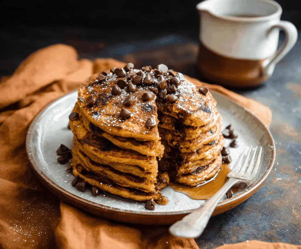 Fluffy spiced pumpkin chocolate chip pancakes topped with whipped cream and cinnamon, served on a plate with fresh autumn leaves in the background.