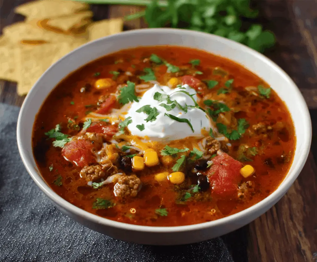 Hearty Spicy Taco Soup in a bowl topped with shredded cheese, fresh cilantro, and jalapeño slices, perfect for a flavorful comfort meal.