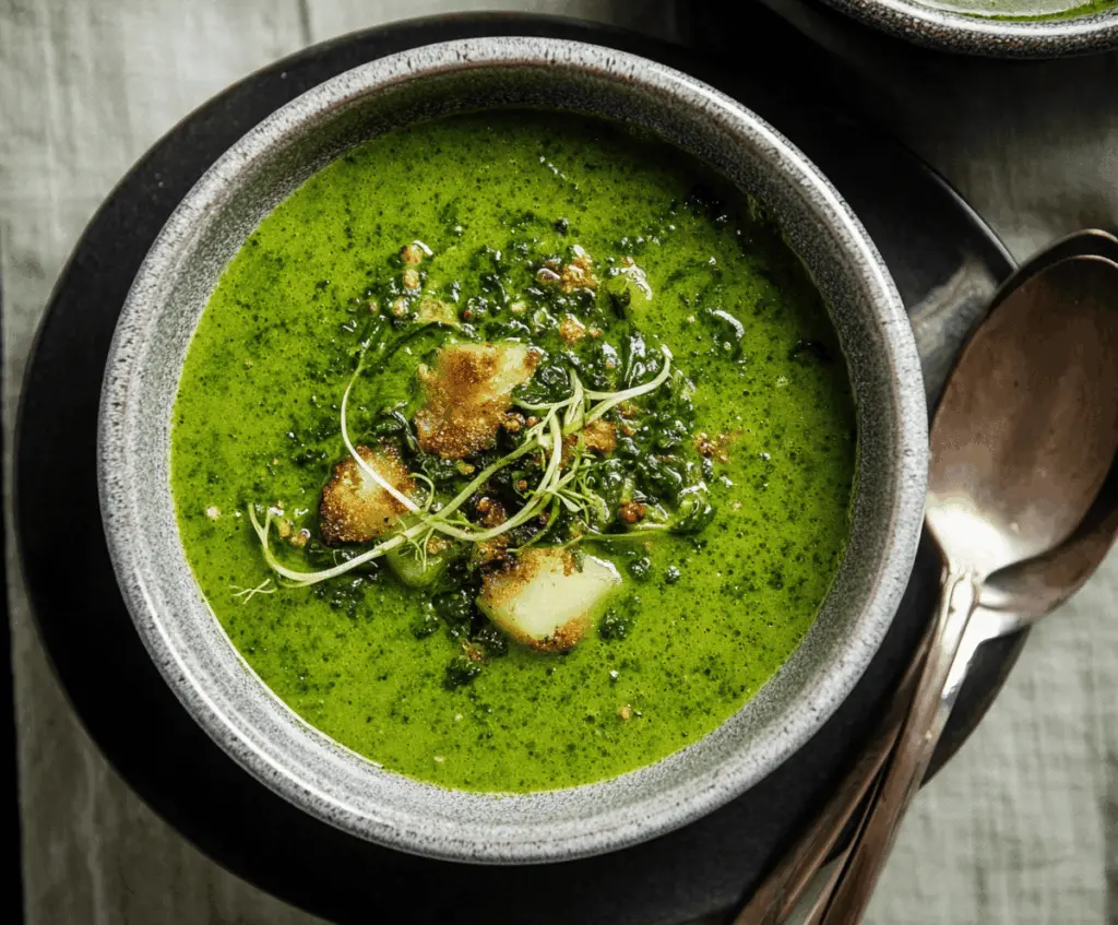 Creamy spinach and potato soup served in a bowl, garnished with fresh herbs and a spoon, perfect for a comforting and healthy meal.