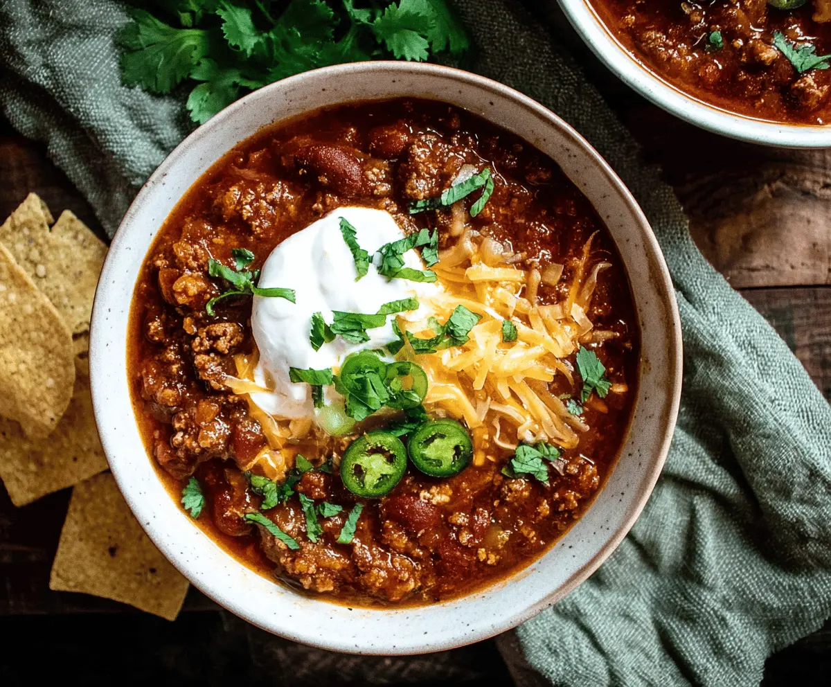 Hearty stovetop chili in a bowl with ground beef, beans, tomatoes, and spices served on a rustic wooden table.