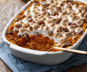 Delicious baked sweet potato casserole topped with marshmallows and pecans, ready to serve as a festive holiday side dish.
