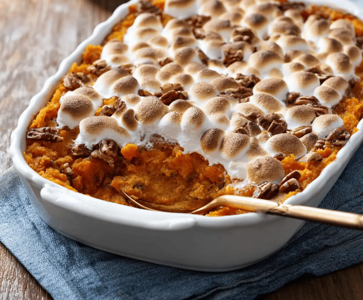 Delicious baked sweet potato casserole topped with marshmallows and pecans, ready to serve as a festive holiday side dish.