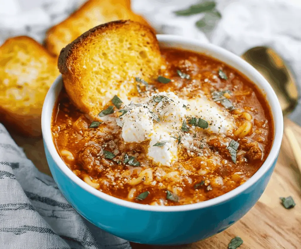 Creamy Three-Cheese Lasagna Soup topped with melted cheese, fresh basil, and flavorful herbs in a bowl