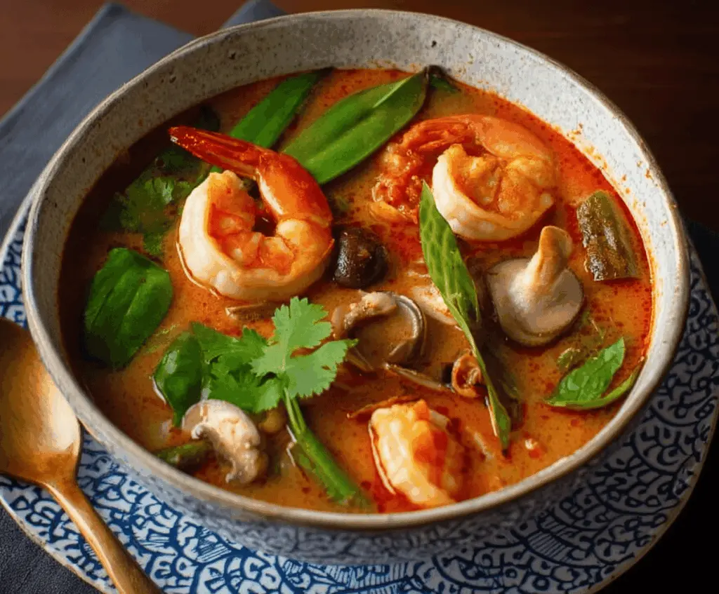 Spicy and tangy Tom Yum Soup with shrimp, mushrooms, lemongrass, and fresh herbs in a bowl