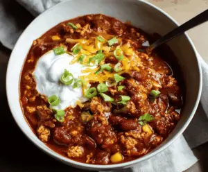 Hearty homemade turkey chili with beans and vegetables in a bowl, perfect for a comforting meal