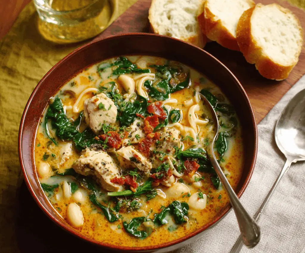 Hearty Tuscan Chicken Soup with fresh herbs, vegetables, and tender chicken in a flavorful broth, perfect for a comforting meal.