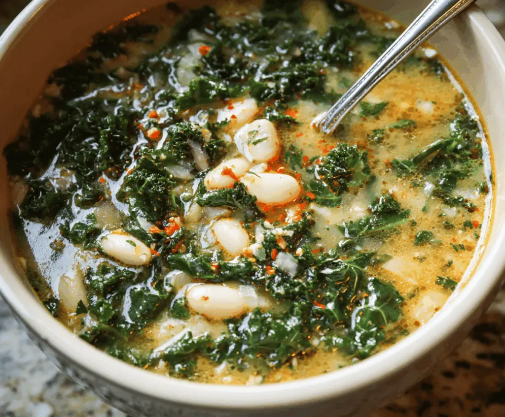 A steaming bowl of white bean and kale soup garnished with fresh herbs, showcasing creamy beans, vibrant green kale, and a flavorful broth.