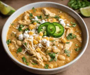 Creamy white chicken chili in a bowl with shredded chicken, white beans, and topped with fresh cilantro and a squeeze of lime.