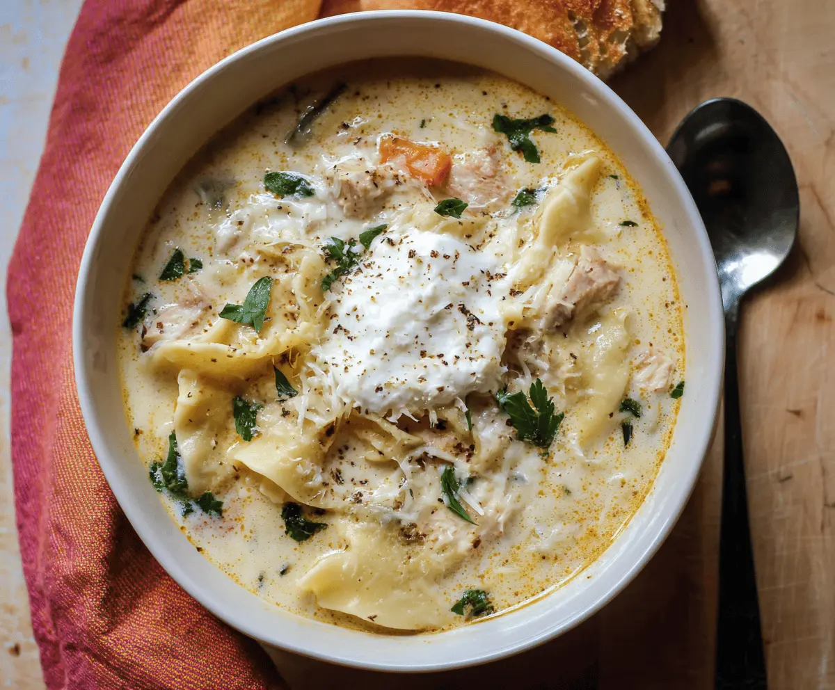 Creamy white lasagna soup in a bowl garnished with fresh basil and grated cheese, served with a spoon on a rustic wooden table