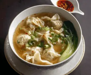 Delicious bowl of hot wonton soup with dumplings, green onions, and broth, ready to serve.