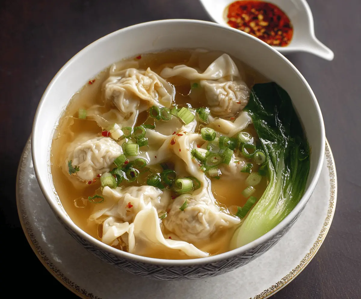 Delicious bowl of hot wonton soup with dumplings, green onions, and broth, ready to serve.