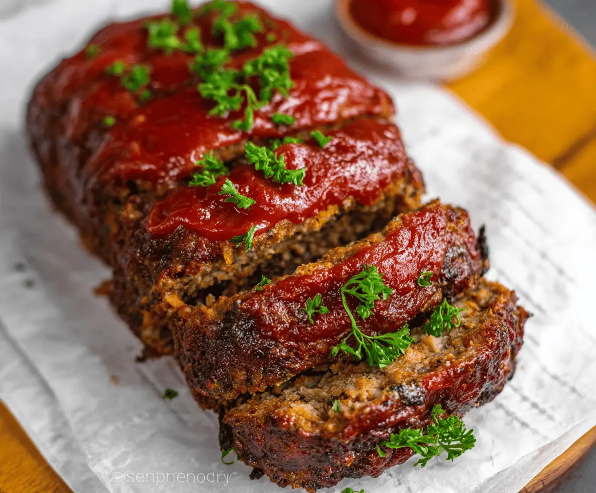 Juicy and flavorful Air Fryer Meatloaf served on a plate with fresh herbs and vegetables, perfect for a quick dinner