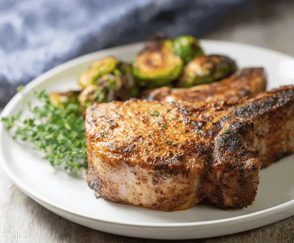 Juicy, golden-brown air fryer pork chops on a plate with fresh herbs, perfect for a quick and easy dinner.