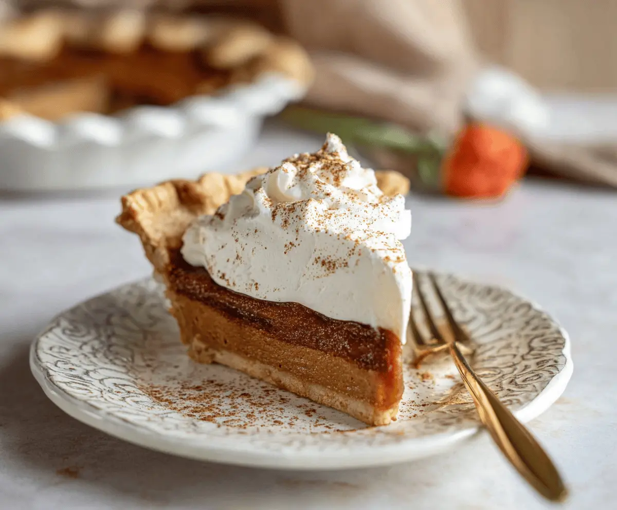 Delicious apple butter pie topped with cinnamon whipped cream, served on a rustic plate with cinnamon sticks and apple slices, perfect for fall desserts.