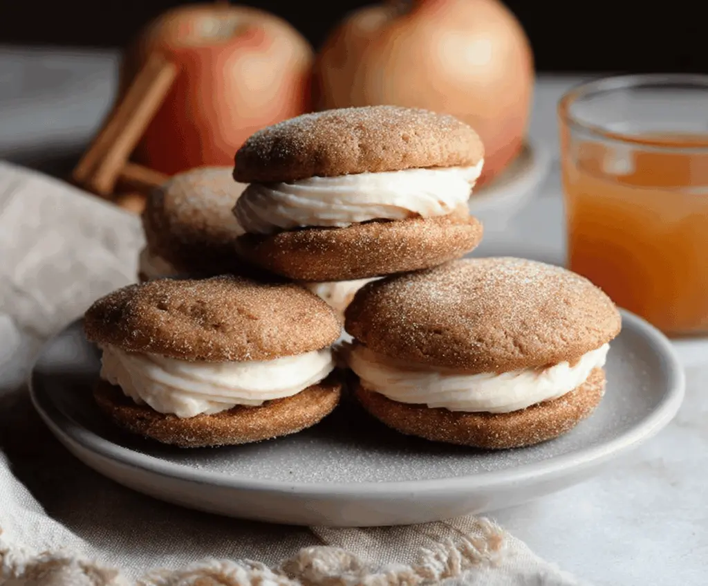 Delicious homemade Apple Cider Whoopie Pies with creamy filling on a rustic plate, perfect for fall desserts