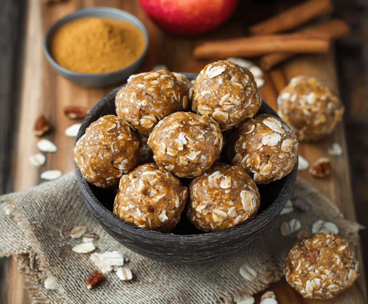 Healthy apple cinnamon pumpkin protein balls on a white plate, featuring a festive autumn flavor with fresh apples, cinnamon, pumpkin, and protein-rich ingredients.