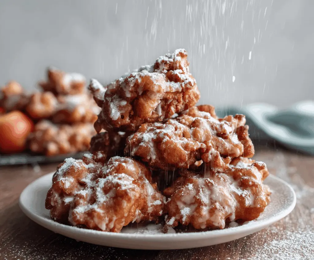 Golden apple fritters dusted with powdered sugar, crispy on the outside and tender on the inside, served on a rustic plate—perfect for breakfast or a sweet snack.
