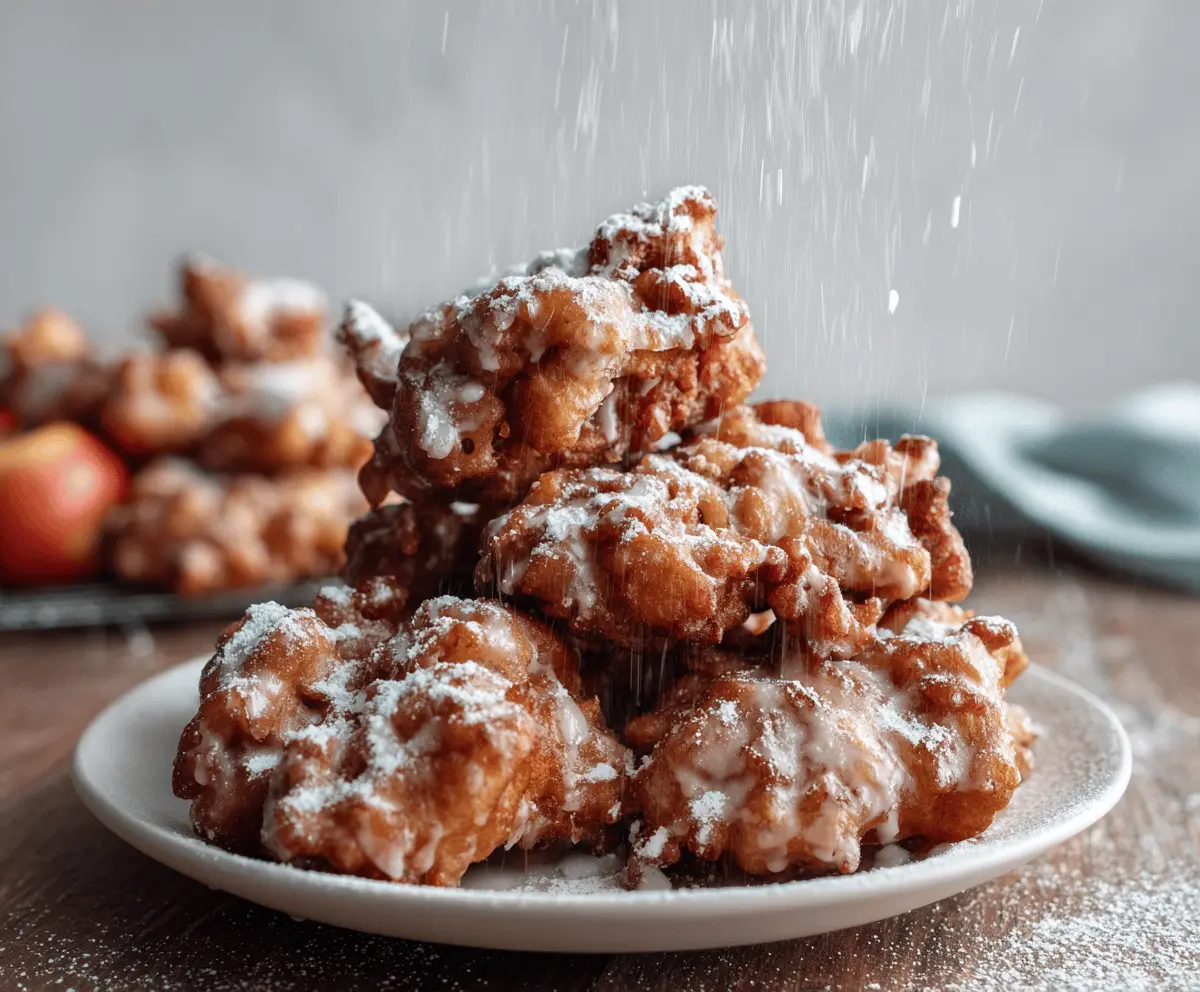 Golden apple fritters dusted with powdered sugar, crispy on the outside and tender on the inside, served on a rustic plate—perfect for breakfast or a sweet snack.