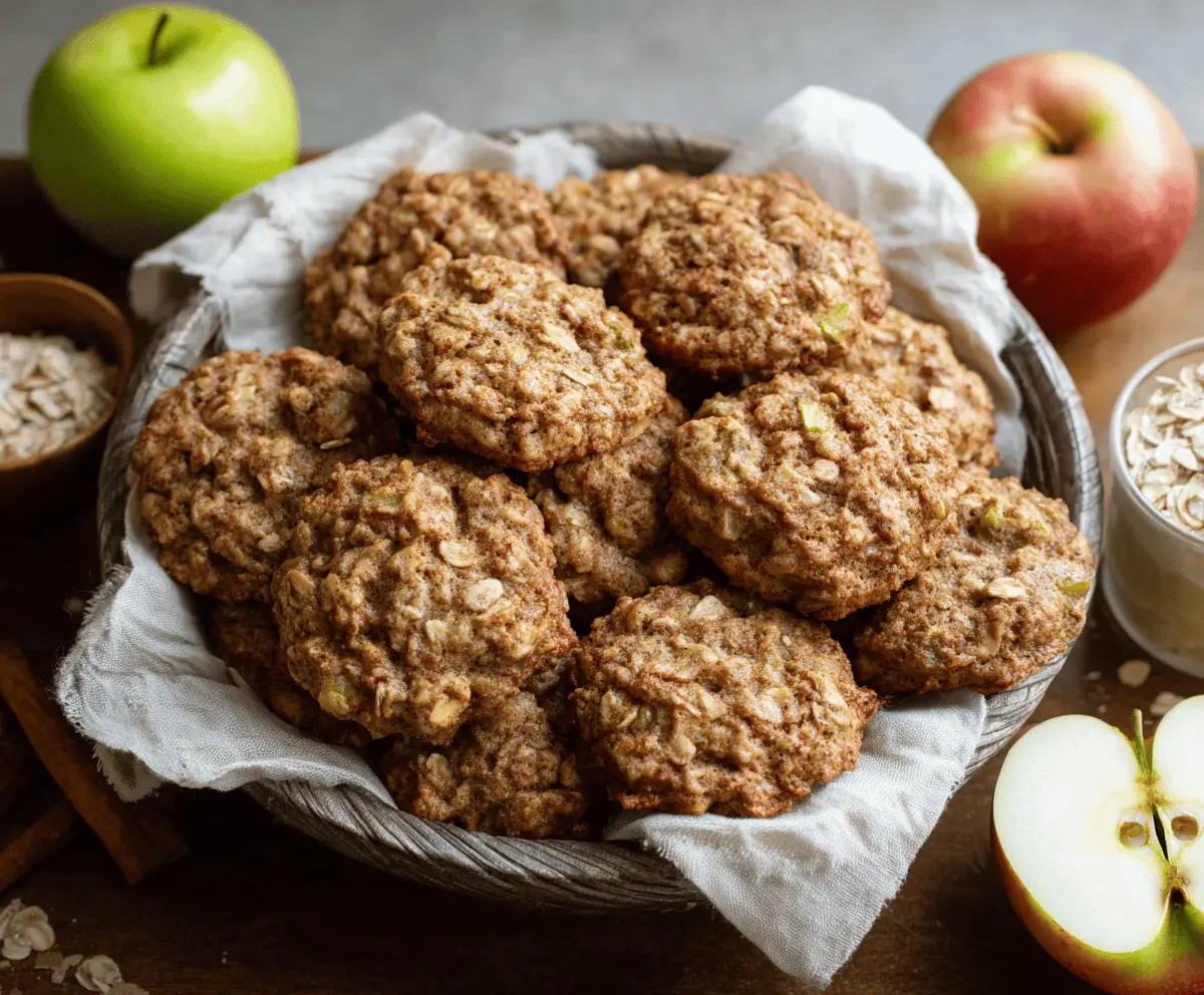 Homemade apple oatmeal cookies with fresh apple slices and oats on a baking tray.