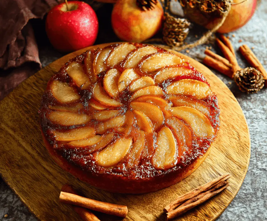 Delicious homemade apple upside down cake topped with caramelized apple slices and a golden crumb topping, ready to serve.