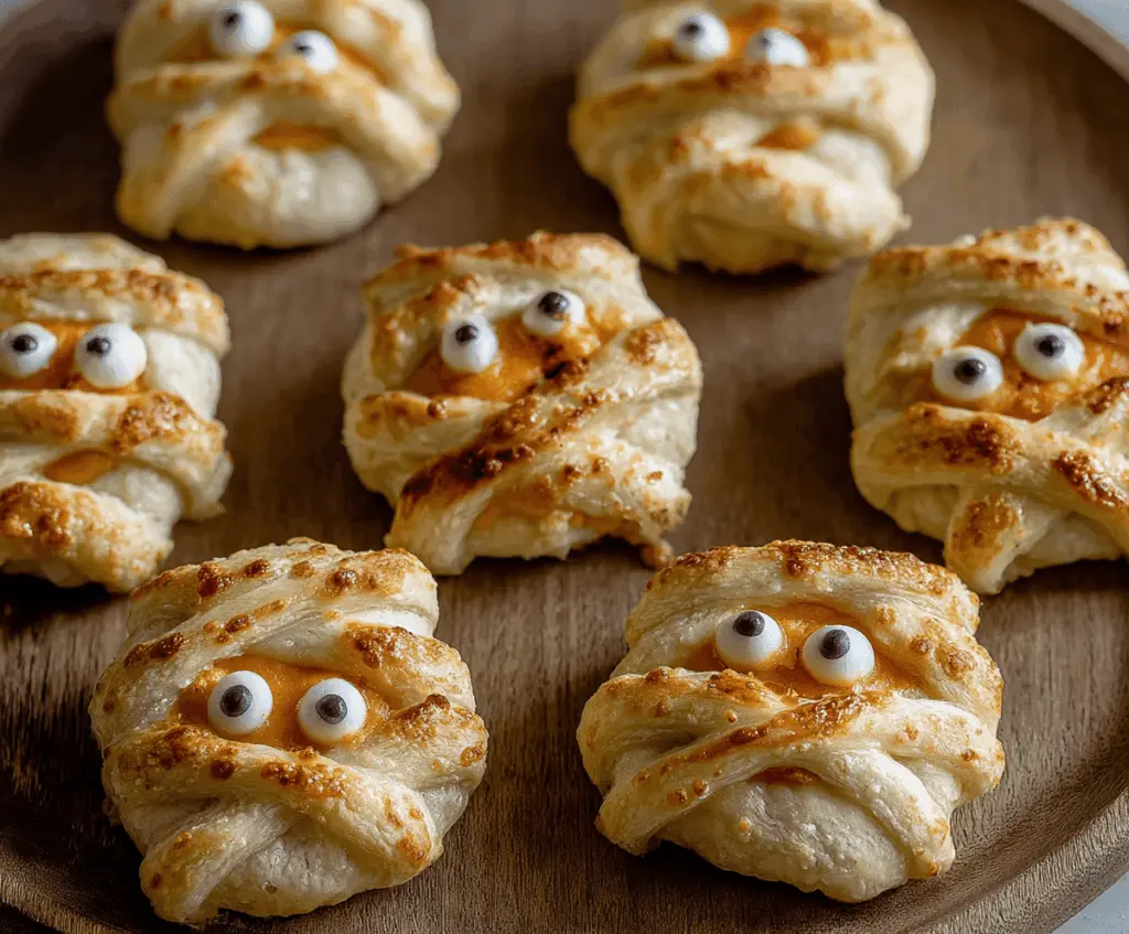 Delicious baked cheese mummies wrapped in puff pastry with olives for eyes, perfect for Halloween treats or spooky parties.