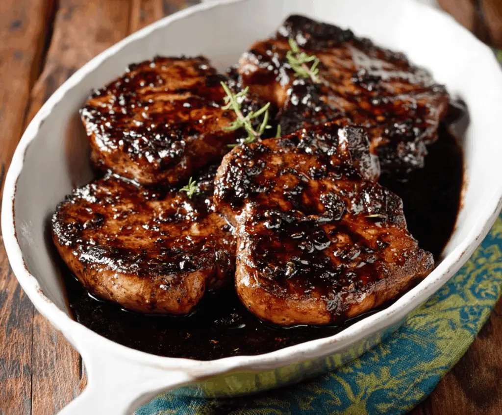 Juicy pork chops glazed with rich balsamic reduction served on a plate with fresh herbs, perfect for a flavorful dinner recipe