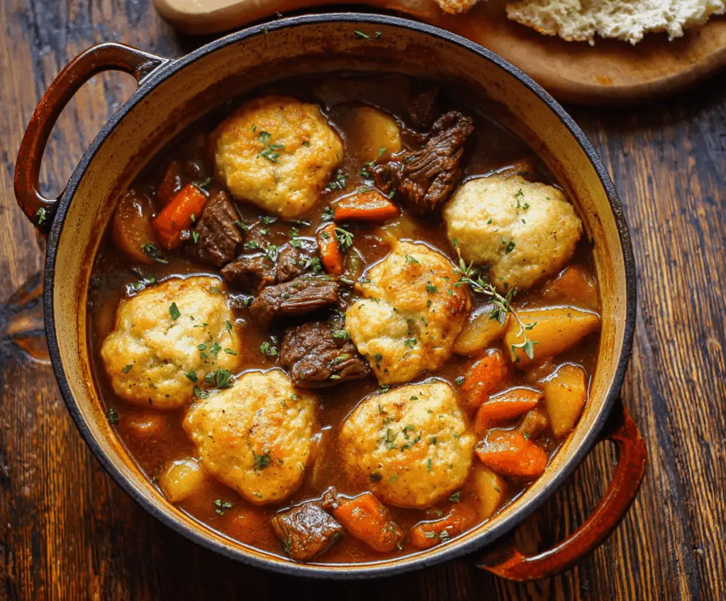 Delicious homemade beef stew with tender beef chunks, vegetables, and fluffy dumplings served in a rustic bowl
