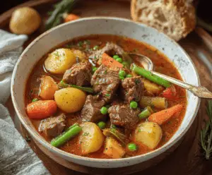 Hearty beef stew with tender beef chunks, carrots, potatoes, and green beans in a rich broth served in a rustic bowl