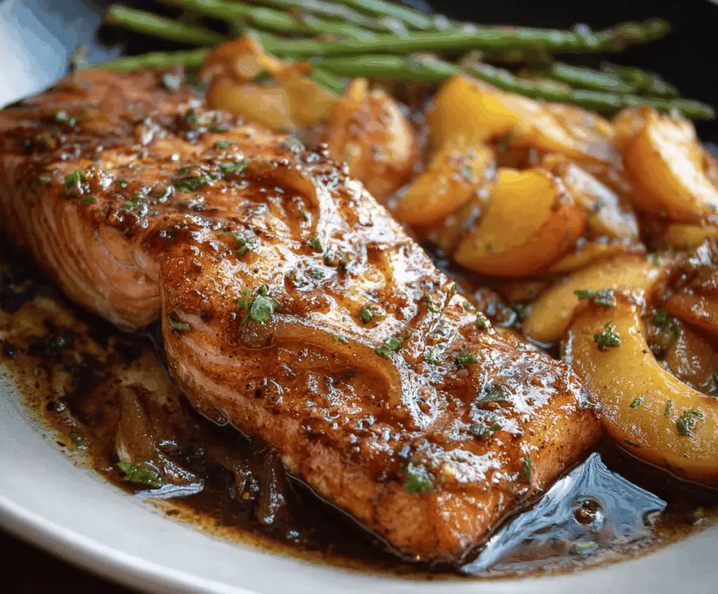 Delicious Bourbon Peach Roasted Salmon served with fresh peaches and herbs on a rustic plate, perfect for a flavorful summer meal
