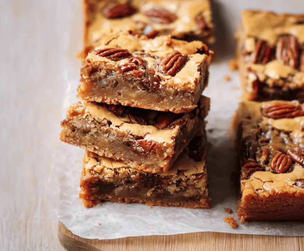 Delicious Brown Butter Pecan Blondies topped with toasted pecans and a golden caramel crust, perfect for dessert or sweet snacks.