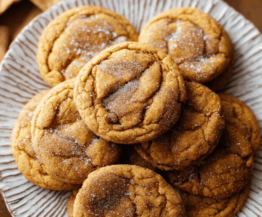 Delicious brown butter pumpkin snickerdoodle cookies topped with cinnamon sugar on a rustic plate, perfect for fall baking