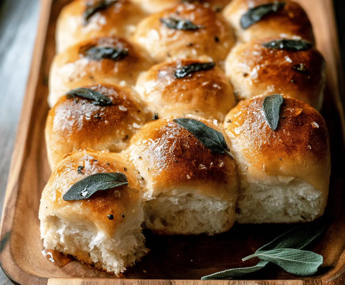 Golden brown dinner rolls topped with crispy sage leaves and drizzled with brown butter, perfect for a savory meal.