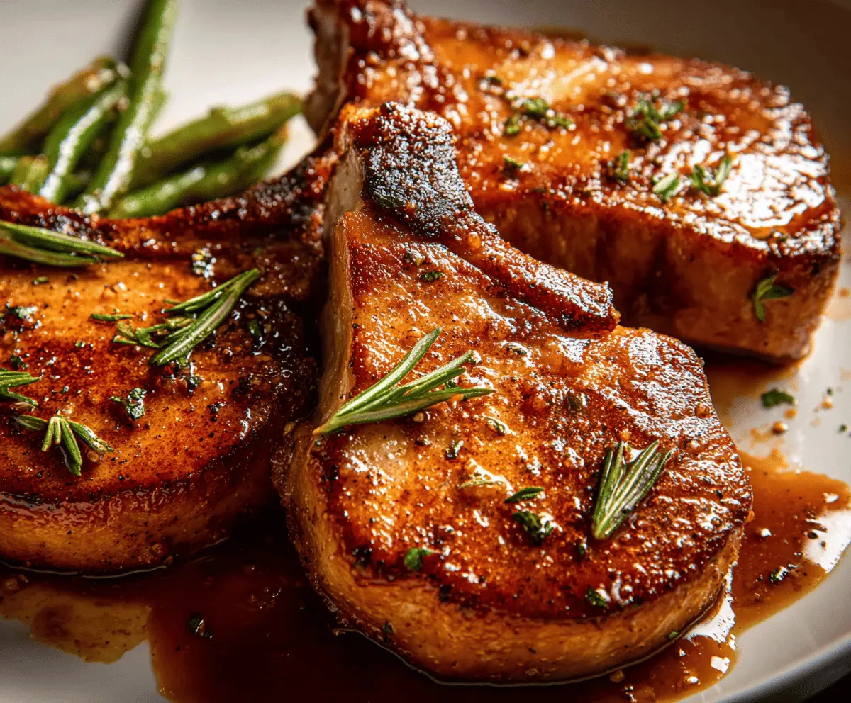 Juicy brown sugar glazed pork chops served with steamed vegetables and mashed potatoes on a plate