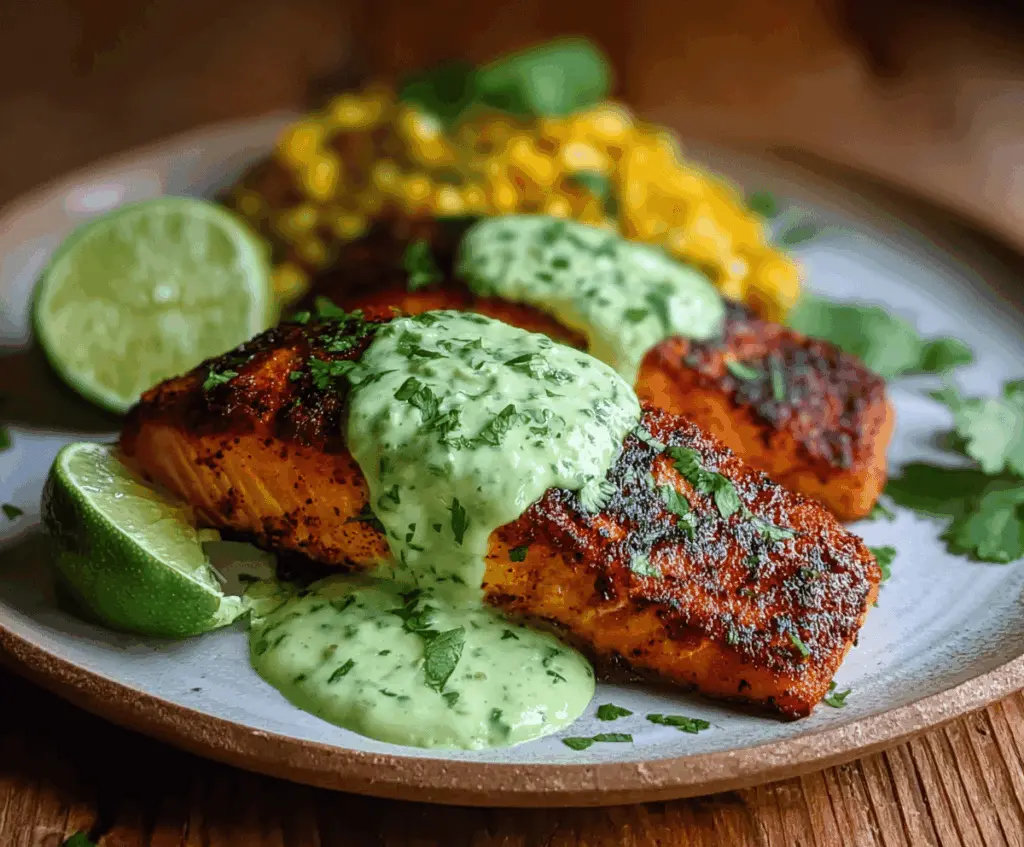 Delicious Cajun Salmon topped with creamy avocado lime sauce served on a plate garnished with fresh herbs