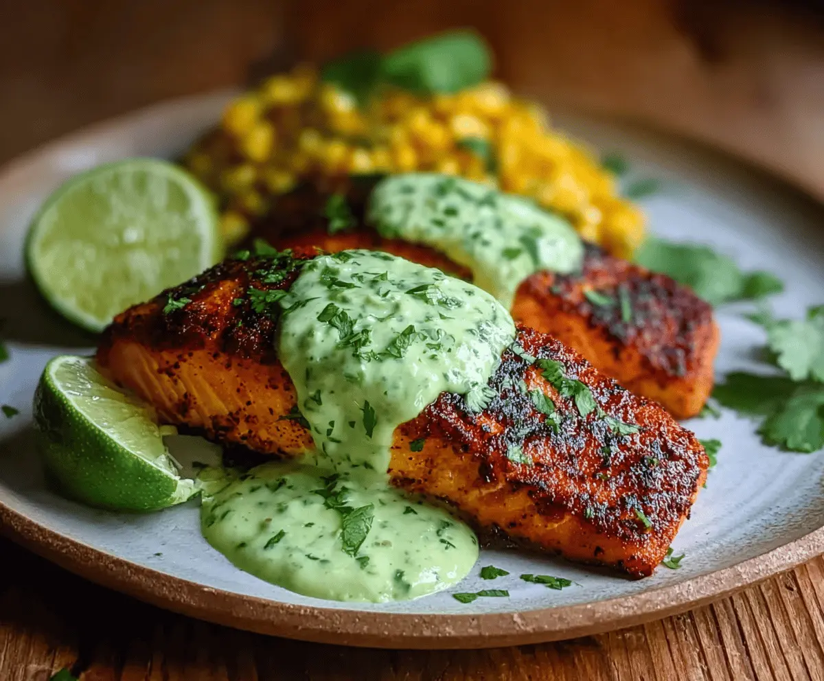 Delicious Cajun Salmon topped with creamy avocado lime sauce served on a plate garnished with fresh herbs