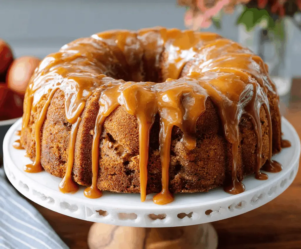 Delicious Caramel Apple Bundt Cake topped with caramel glaze and apple slices, perfect for fall desserts