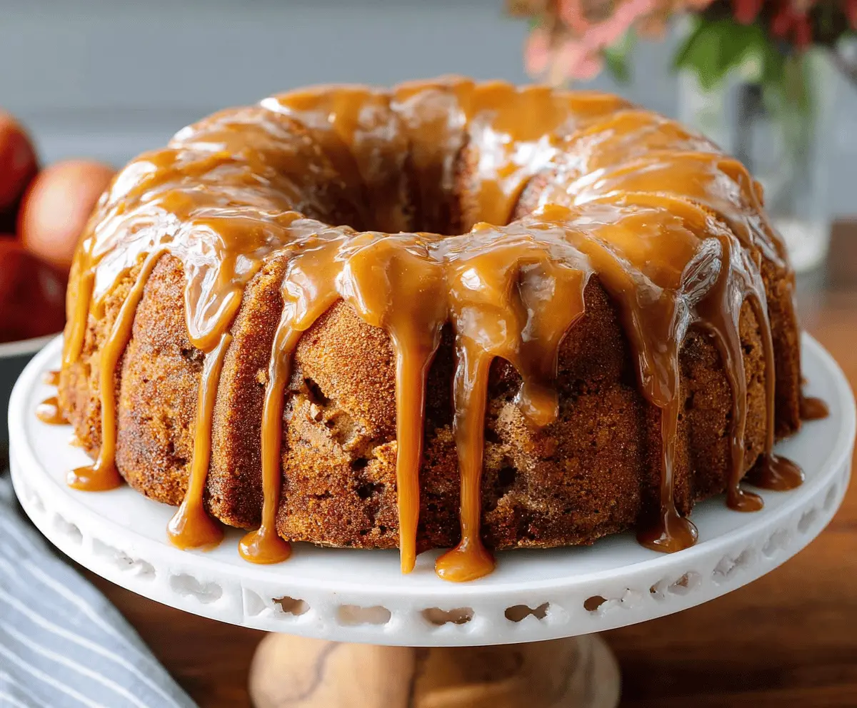 Delicious Caramel Apple Bundt Cake topped with caramel glaze and apple slices, perfect for fall desserts