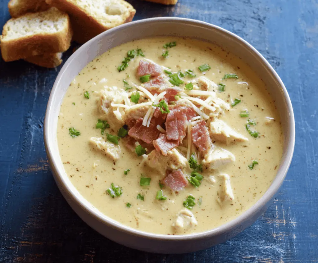 Creamy Chicken Cordon Bleu Soup with tender chicken, ham, Swiss cheese, and crispy bread crumbs garnished with fresh herbs in a comforting bowl