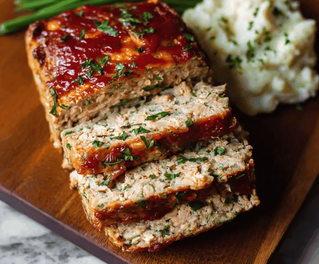 Juicy homemade chicken meatloaf served with fresh vegetables on a white plate, ready for a delicious dinner.