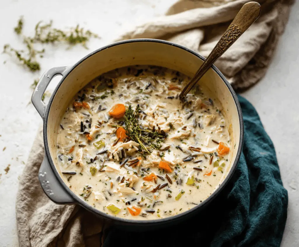 Creamy chicken wild rice soup with tender chicken pieces, hearty wild rice, vegetables, and herbs in a bowl