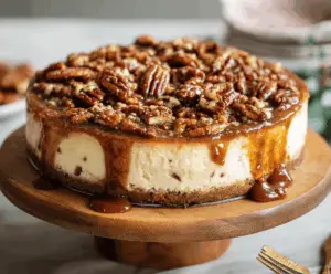 Creamy Cinnamon Pecan Pie Cheesecake topped with toasted pecans and cinnamon, served on a decorative plate.