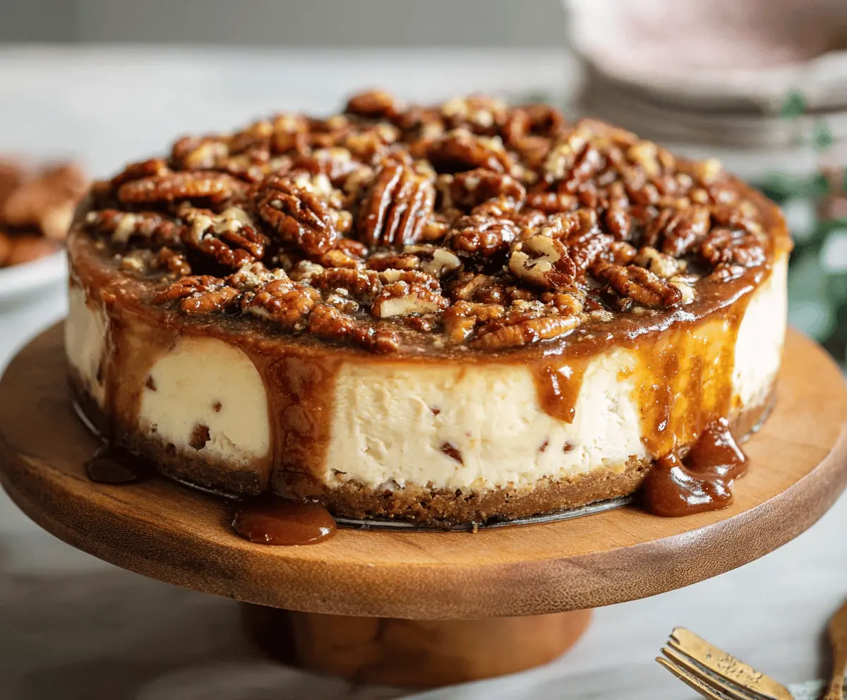Creamy Cinnamon Pecan Pie Cheesecake topped with toasted pecans and cinnamon, served on a decorative plate.