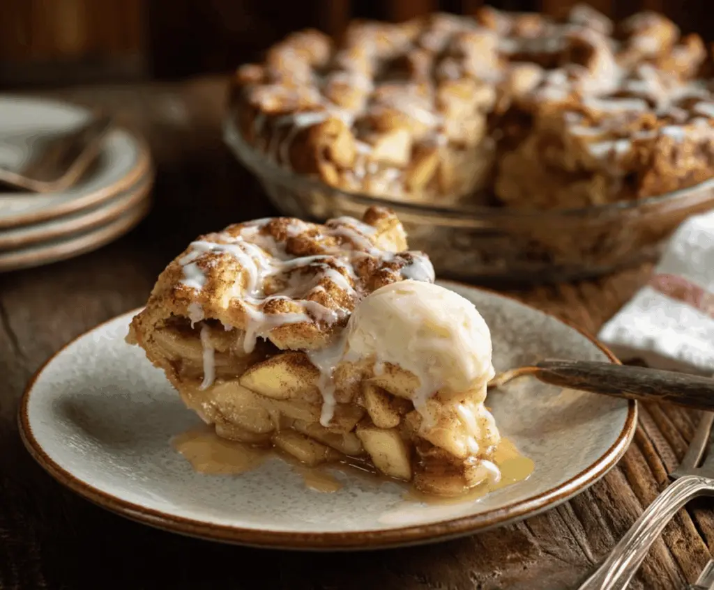 Delicious cinnamon roll apple pie with golden-brown crust topped with cinnamon sugar and caramelized apple slices, perfect for dessert or special occasions.