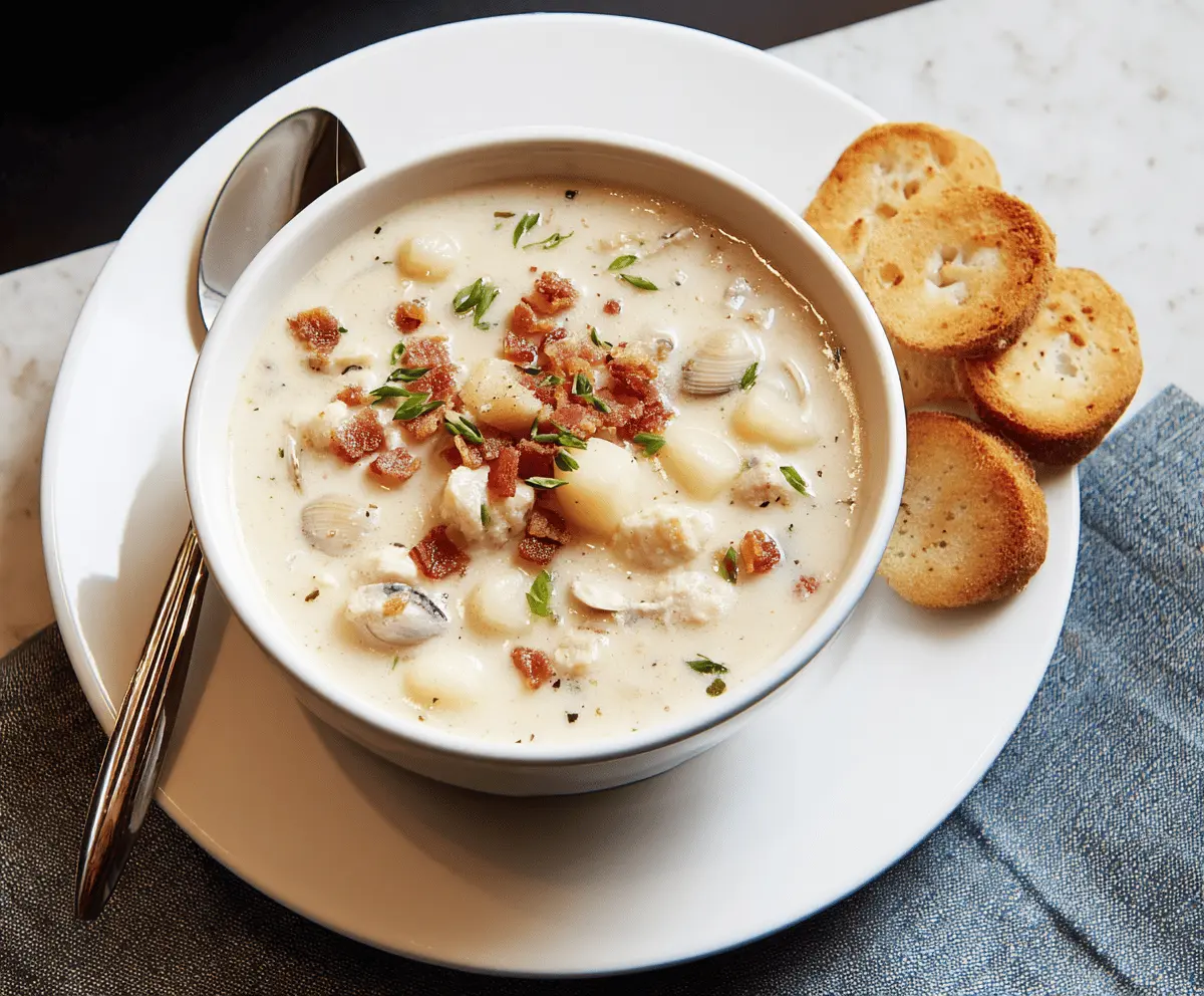 Creamy clam chowder served in a bowl with fresh herbs and oyster crackers on a rustic wooden table.