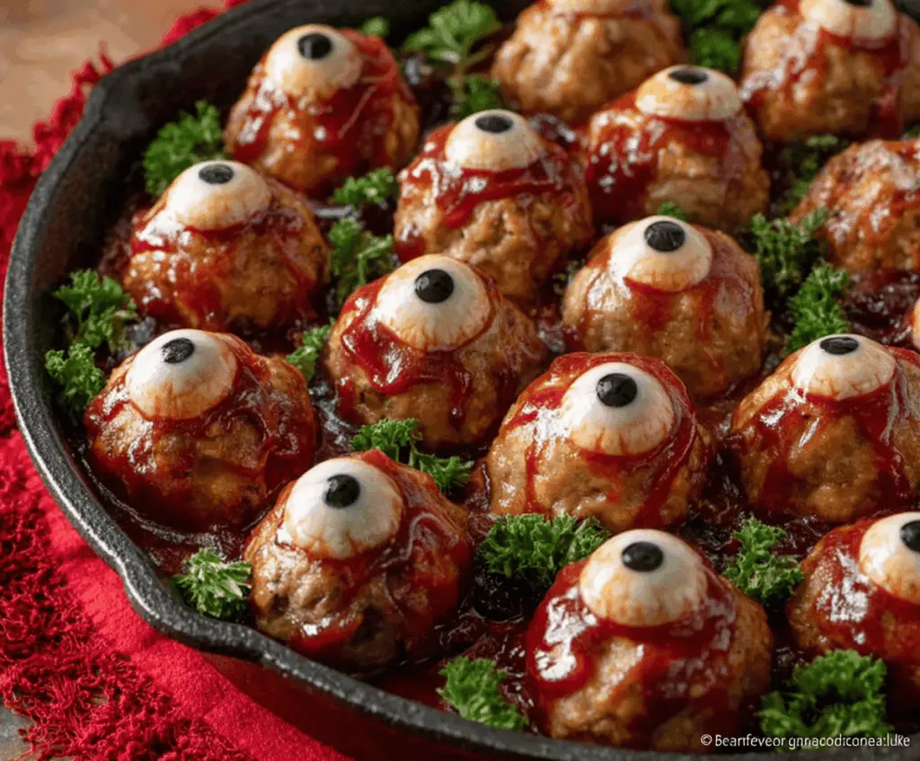 Colorful eyeball meatballs on a spooky platter for a Halloween feast, perfect for a creepy Halloween party appetizer.