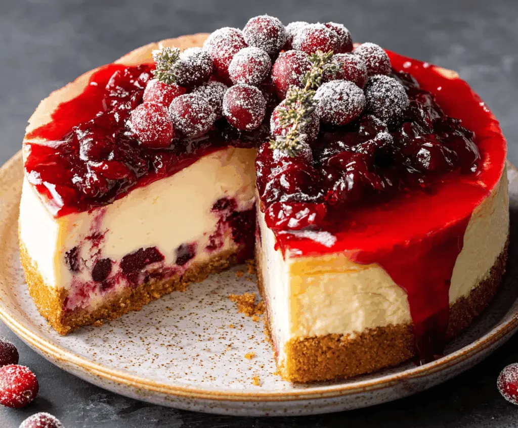 Creamy cranberry cheesecake topped with fresh cranberries and a graham cracker crust, perfect for holiday desserts.