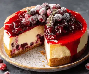 Creamy cranberry cheesecake topped with fresh cranberries and a graham cracker crust, perfect for holiday desserts.