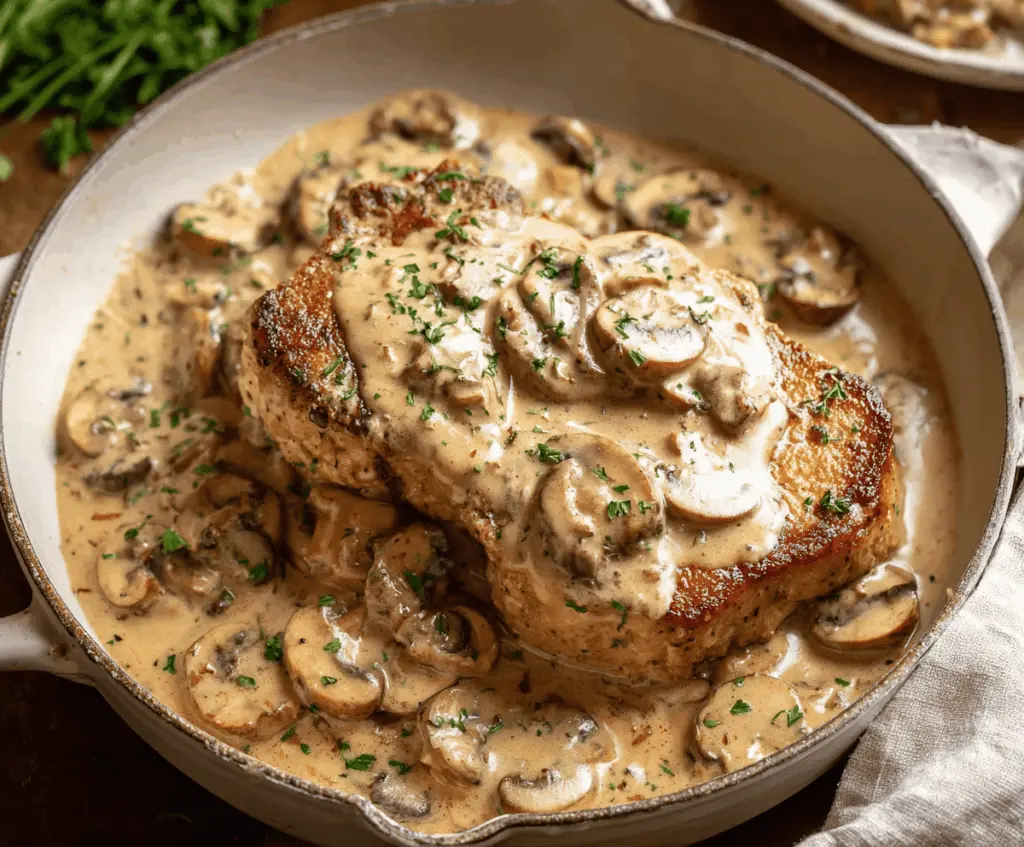 Cream of Mushroom Pork Chops served with mashed potatoes and fresh herbs, topped with creamy mushroom sauce.