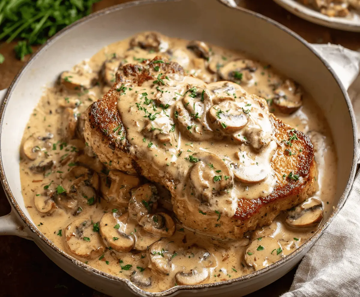 Cream of Mushroom Pork Chops served with mashed potatoes and fresh herbs, topped with creamy mushroom sauce.