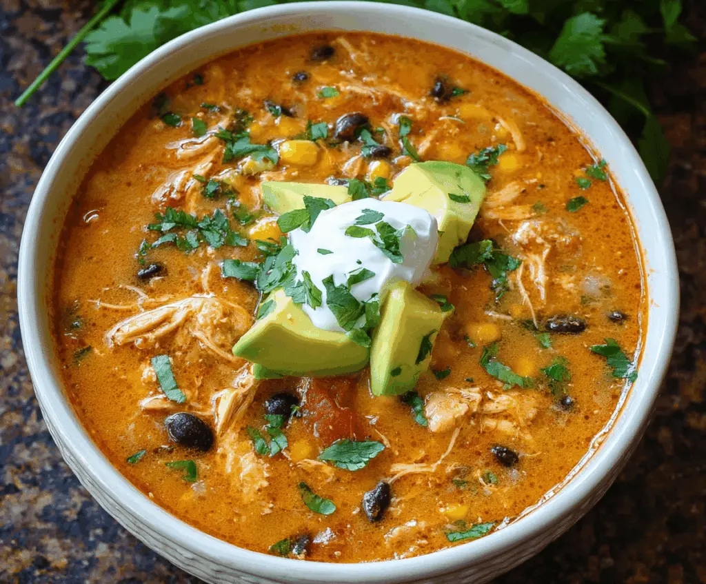 A steaming bowl of creamy enchilada soup topped with shredded cheese, chopped cilantro, and a dollop of sour cream, served with tortilla chips on the side.